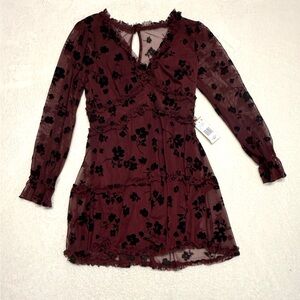 NWT Women Juniors Burgundy Floral Chiffon Dress Romantic Dreamy Sheer Size 7/8